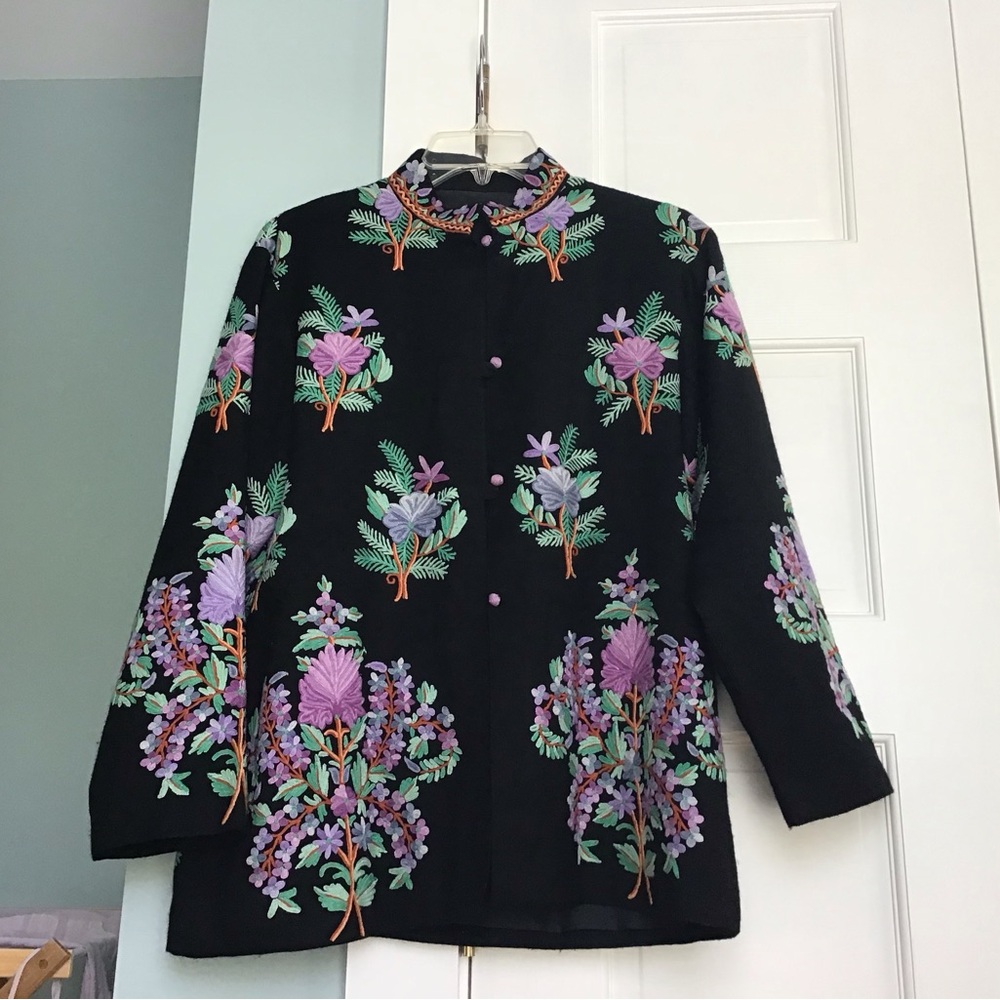 Black and Purple Floral Blazer with Mandarin Collar